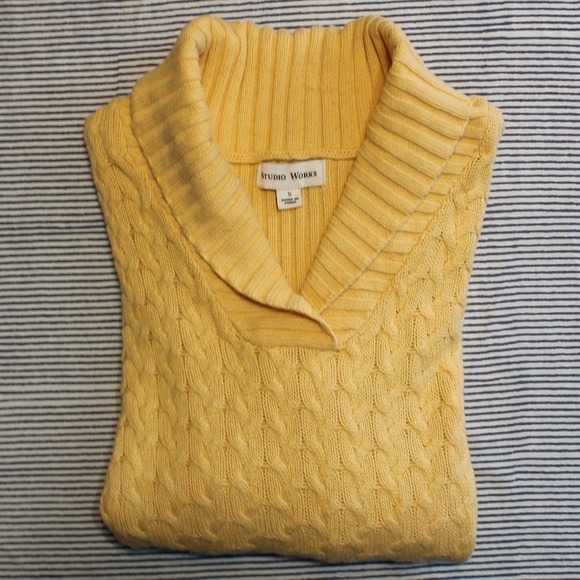 Studio Works $48 Small Golden Yellow Cable Knit Shawl‎ Collar Pullover Sweater - Picture 11 of 12